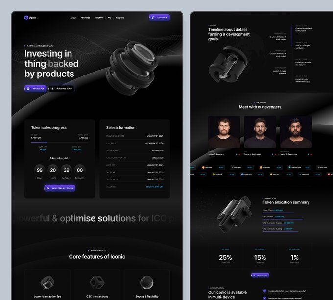 This image displays a sleek, dark-themed website template designed for an "ICO & Crypto Launchpad," featuring prominent sections like "Investing in thing backed by products" and "Token sales progress" with detailed metrics such as "Raised $120,000," "Total Cap $800,000," and a token allocation summary highlighting percentages like 25%, 15%, and 1%. The layout showcases team introductions ("Meet with our avengers"), a development timeline, and core features of an "Iconic" token, all rendered with a modern, futuristic aesthetic suitable for crypto investment platforms.