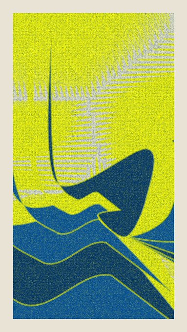 A risograph-style print featuring a yellow and blue abstract composition with fern fronds and flowing wave-like patterns.
