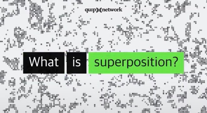 The image displays a dotted black-and-white background with the "quip»{network" logo at the top and the highlighted text "What is superposition?" prominently featured in the center. The text relates to the post by referencing Quip Network's exploration of advanced computational concepts like superposition as part of its novel approach to combining useful compute with resilient infrastructure.