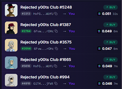 A list of 'Rejected y00ts Club' NFT listings with prices ranging from 0.046 to 0.051 ETH, all marked 'BUY' and addressed to 'You'.