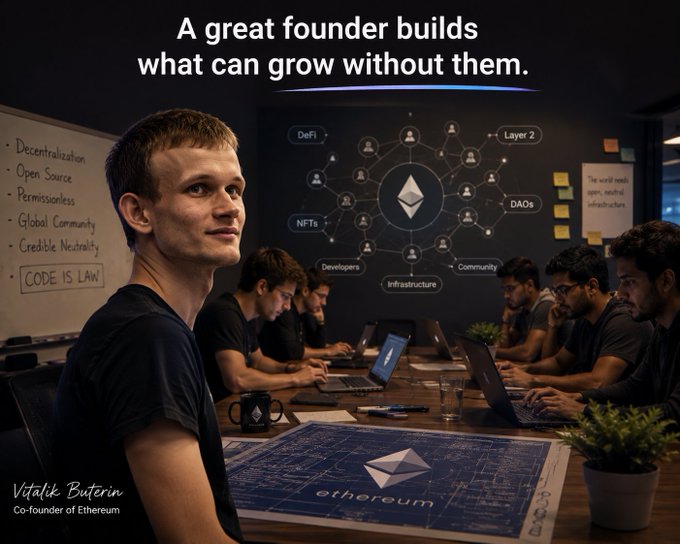 Image labeled 'Vitalik Buterin, Co-founder of Ethereum' showing a young man at a conference table with a whiteboard listing principles like Decentralization, Open Source, Permissionless, Global Community, Credible Neutrality, and 'CODE IS LAW', alongside a network diagram with Ethereum logos.