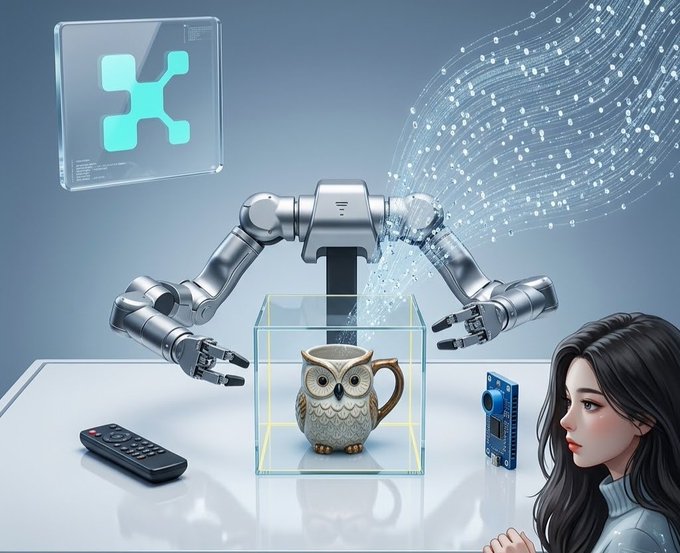 A digital artwork featuring a robot arm placing an owl-shaped mug into a glass box, with a young woman watching, a remote control, an electronic board, and a holographic icon floating nearby.