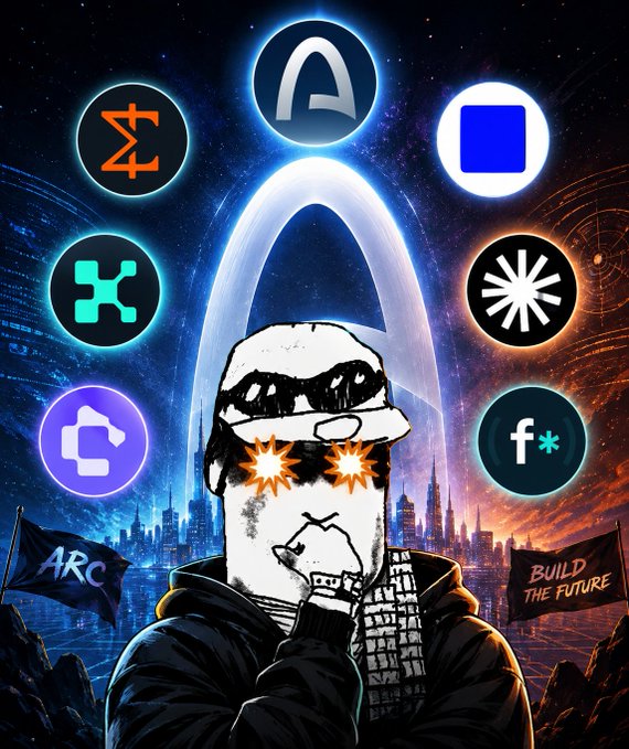 An illustrated character in a hoodie with glowing eyes stands before a futuristic cityscape, surrounded by crypto logos (including Arc, Zcash, and others), with flags reading "ARC" and "BUILD THE FUTURE." The image promotes the September mainnet launch of Arc blockchain and related builders' guides.