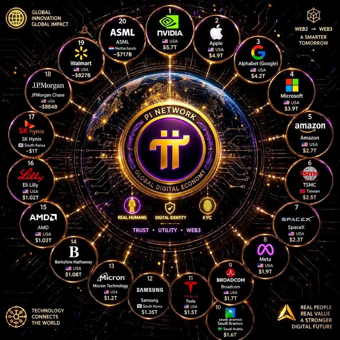A circular infographic featuring the Pi Network logo at its center, surrounded by 20 ranked global companies including NVIDIA (#1, $5.7T), Apple (#2, $4.9T), Alphabet (#3, $4.2T), and Microsoft (#4, $3.9T), with a tagline emphasizing "Global Digital Economy," "Real Humans," "Digital Identity," and "KYC."

The image visually contrasts established Web2 tech giants with Pi Network's positioning as a Web3 bridge, aligning with the post's message about transitioning from Web2's digital world to a Web3 economy built on real people, trust, and utility.