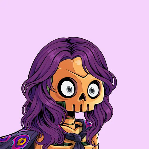 A cartoon illustration of a skeleton figure with long purple hair and big eyes on a light purple background.
