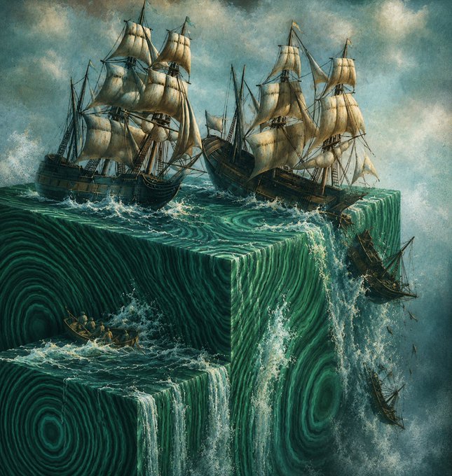 Three majestic sailing ships with billowing sails ride atop an impossible, geometric green sea that cascades over cube-shaped ledges like waterfalls, with smaller vessels tumbling down the surreal cliffs into the churning depths below—evoking a sense of perilous adventure and discovery fitting for the rising "Malachite Cube" NFT collection on OpenSea.