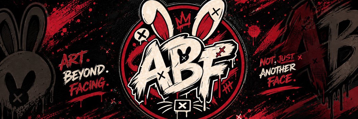 A stylized graphic design banner featuring graffiti-style rabbit imagery and the large text 'ABF' in the center. The text on the left reads 'ART. BEYOND. FACING.' and the text on the right reads 'NOT JUST ANOTHER FACE.'