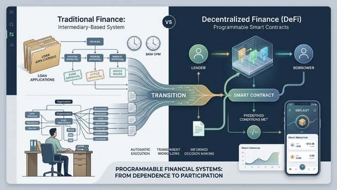 An infographic titled 'Programmable Financial Systems: From Dependence to Participation' comparing Traditional Finance (intermediary-based) with Decentralized Finance (DeFi) using smart contracts and automated execution.
