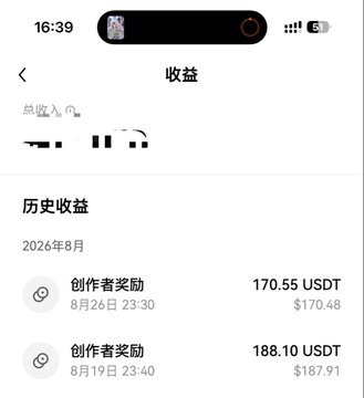 A smartphone screenshot in Chinese showing '收益' (earnings) with a history of '创作者奖励' (creator rewards) totaling 170.55 USDT and 188.10 USDT dated August 2026.