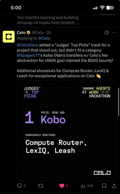 A screenshot of a Twitter/X post by Celo announcing '@CeloDevs added a Judges' Top Picks track' for a project called Kobo that won a $500 bounty, with honorable mentions for Compute Router, LexiQ, and Leash.