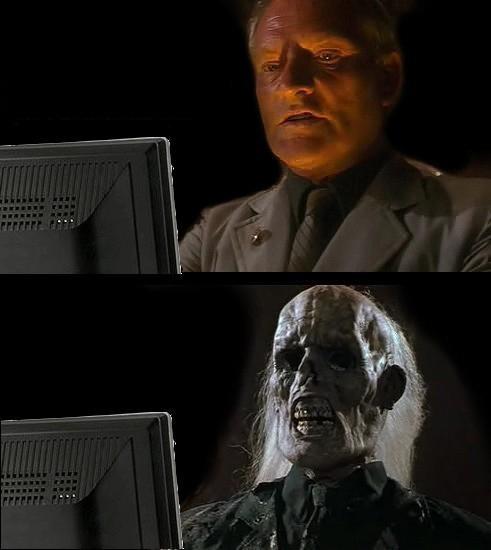 The image shows a man with white hair wearing a suit, sitting at a desk with a computer monitor behind him. There are two versions of this scene displayed side by side - one showing the man looking down while the other shows him looking up. The first version has a TV screen in front of the man, and the second version does not have any visible screens or TVs. The image also includes text that reads "That'S how all the drillers will end before Monaco".