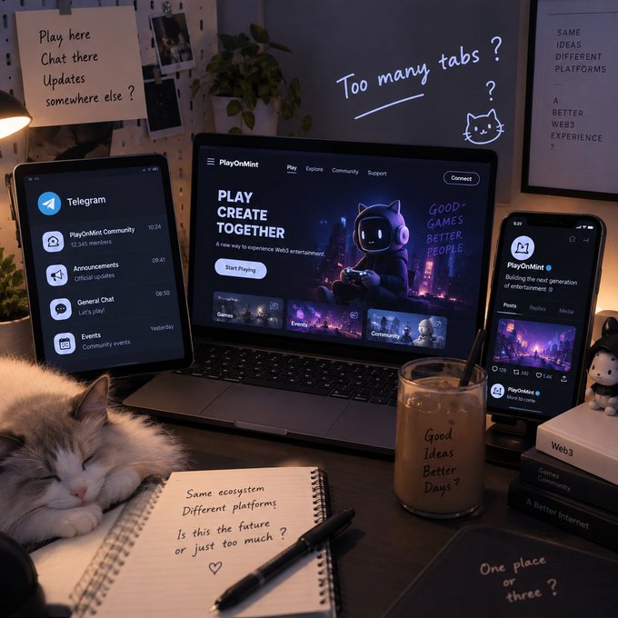 A desk scene featuring a laptop displaying PlayOnMint, a tablet showing Telegram, and a phone, with handwritten sticky notes asking 'Too many tabs?' and 'Play here, Chat there, Updates somewhere else?', alongside a sleeping cat and an iced coffee labeled 'Good Ideas, Better Days.'