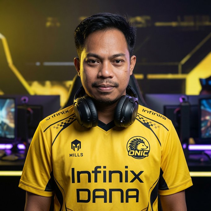 A portrait of a man wearing a yellow ONIC esports jersey sponsored by Infinix and DANA, with headphones around his neck, posed in front of gaming setups with monitors in the background.