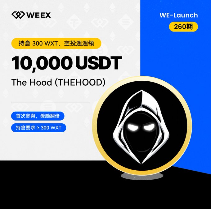 A promotional graphic from WEEY for "WE-Launch 260期," offering "10,000 USDT" airdrops for holding 300 WXT, featuring a hooded logo character for "The Hood (THEHOOD)" against a blue background.