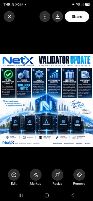 A mobile phone screenshot displays a "NetX VALIDATOR UPDATE" infographic highlighting achievements like "100,000 NETX," with standard photo editing tools like Edit, Markup, Resize, and Remove visible at the bottom.