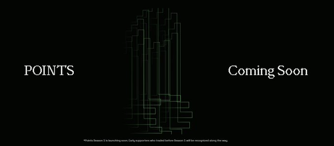 A promotional image with a black background displaying 'POINTS' on the left, 'Coming Soon' on the right, and abstract geometric line art in the center, with small text mentioning Points Season 1 launching soon.