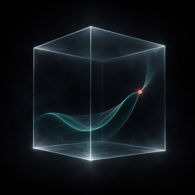 A glowing, translucent cube contains a flowing, smoke-like wave with a bright orange point of light, set against a black background.