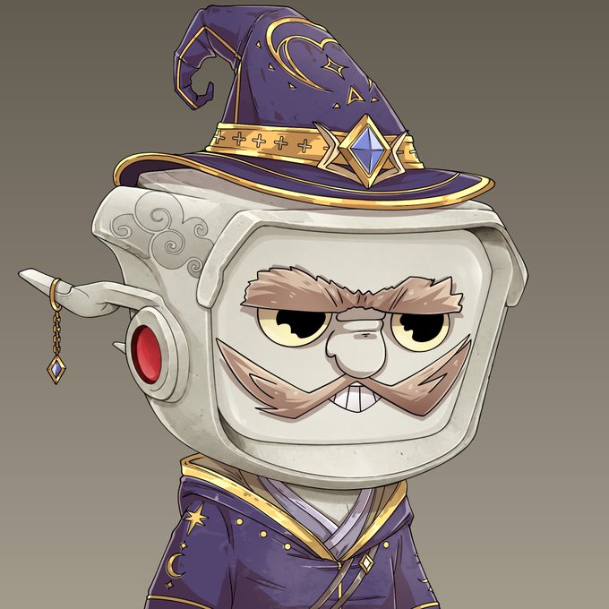 A robotic character with a grumpy expression sports a large, ornate purple wizard's hat decorated with crescent moons, stars, and a blue gem, along with a matching robe featuring celestial patterns—giving off an unimpressed mage vibe despite the caption "The mage loves you too!"