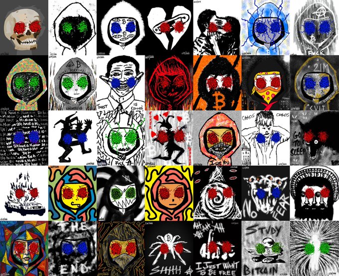 A grid of crude, darkly stylized digital illustrations of hooded skulls and figures with glowing colored eyes, characteristic of crypto/NFT art aesthetics.