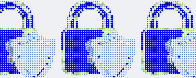 Three side-by-side pixelated or dot-matrix style graphics depicting blue padlocks in various states of being unlocked, with green accents.