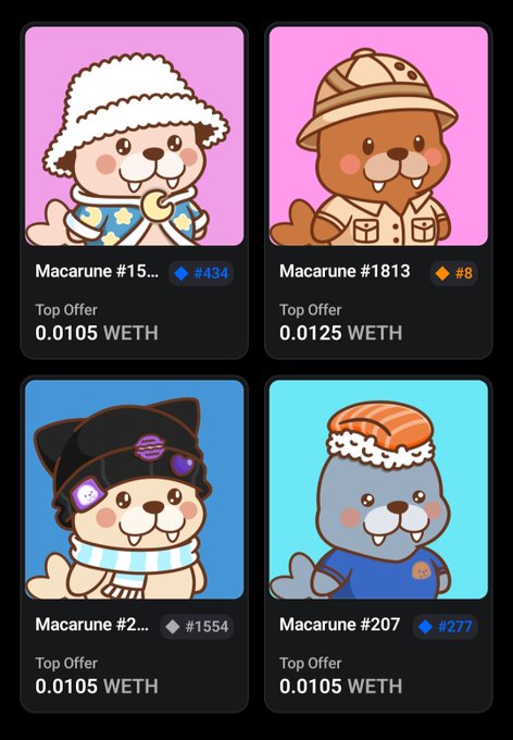 Four cartoon dog NFT cards labeled 'Macarune' with various accessories, priced in WETH on a dark background.
