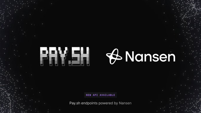 A promotional graphic on a black starry background featuring the "PAY.SH" and "Nansen" logos, with text announcing "NEW API AVAILABLE" and "Pay.sh endpoints powered by Nansen," directly visualizing the post's announcement of Nansen's onchain analytics endpoints being live on pay.sh.