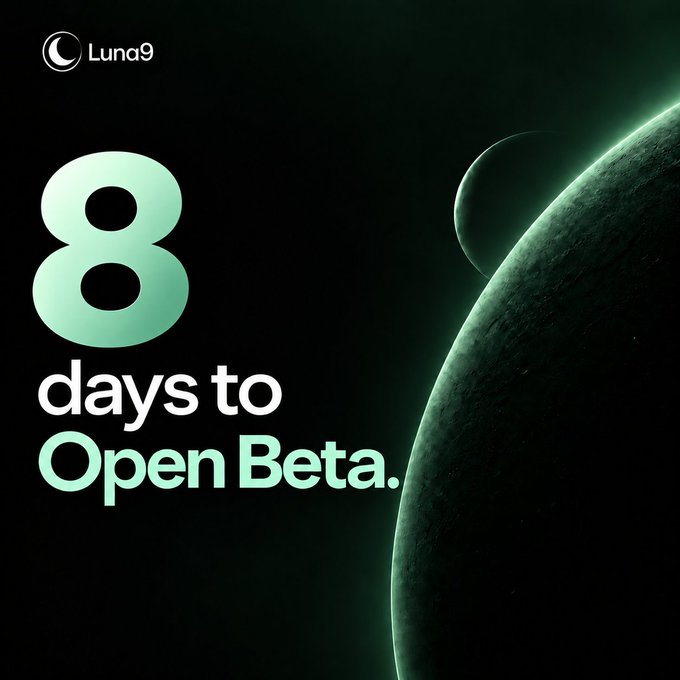 A dark space-themed promotional image for 'Luna9' displays '8 days to Open Beta' in large teal and white text, with a glowing green planet and moon on the right.