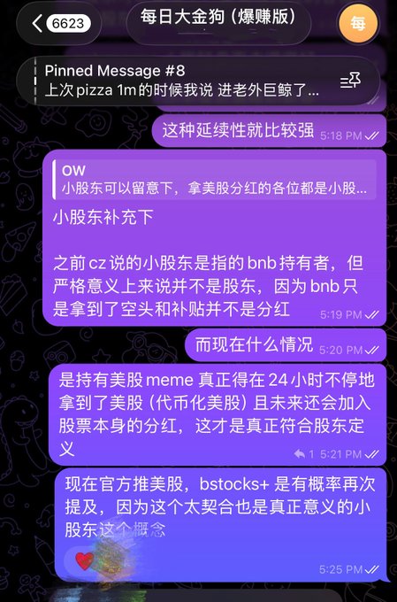 The image shows a Chinese-language Telegram chat titled "每日大金狗 (爆赚版)" with members discussing BNB tokenomics and US stock dividends related to meme coins, referencing BNB holders and the bstocks+ concept. The pinned message reads "上次pizza 1m的时候我说 进老外巨鲸了…" and the conversation discusses how holding US meme stocks now genuinely qualifies holders as shareholders with 24-hour dividend payouts, contrasting with BNB's previous airdrop mechanism—aligning with the post's mention of retail investors pumping up the meme and the contract address 0x276c86cea6c0e200ca13211cf2db0434cc0d7777.