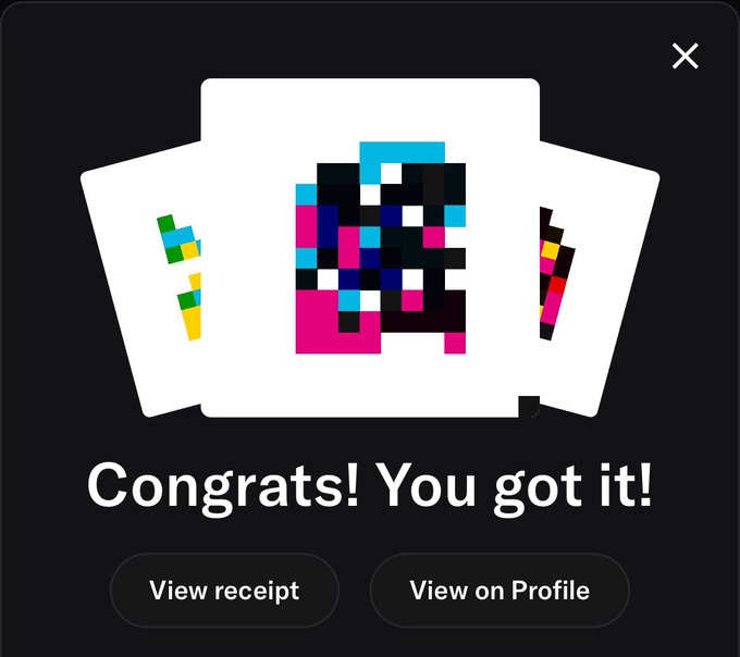 A digital congratulations screen displaying pixel art trading cards with the text 'Congrats! You got it!' and buttons for 'View receipt' and 'View on Profile.'