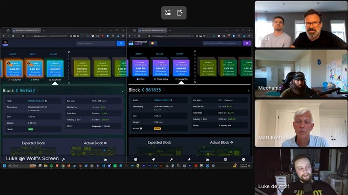 A video conference call with multiple participants, with the shared screen displaying mempool blockchain data for blocks 961632 and 961635, showing transactions, fees, and mining statistics.