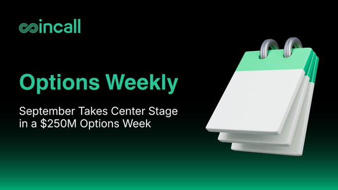 An incall promotional graphic reads “Options Weekly” and “September Takes Center Stage in a $250M Options Week,” beside a calendar illustration.