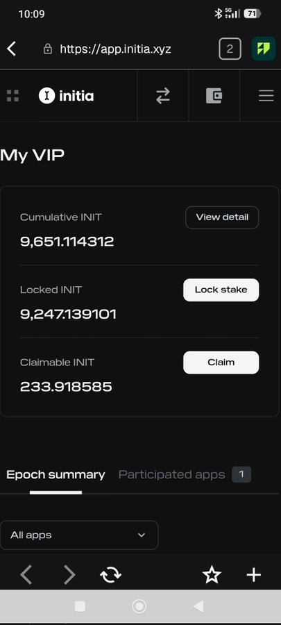 The image shows a cell phone screen with an app called "INITIA" displayed, along with some other apps such as "epoch summary", "app summary", and "participated apps". The focus of the image seems to be on the app named "INITIA" rather than the surrounding content.