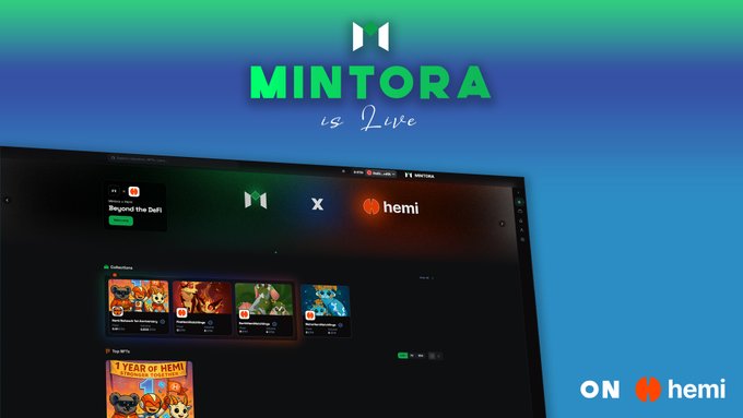 The image shows a computer screen displaying a website called Mintora, which is a video game streaming platform. The website has a green background with white text that reads "Mintora is Live on Hemi!". Below this, there are three different images of the same website, each showing a different part of the site: a menu bar at the top, a game menu in the middle, and a game menu at the bottom. The image also includes a small logo for the game "Hemi".