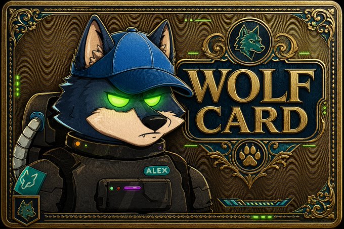 A digital card illustration features an anthropomorphic wolf character named 'ALEX' wearing a blue cap and tactical vest, next to gold 'WOLF CARD' text.