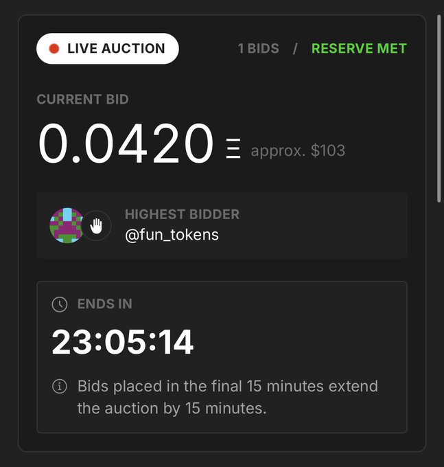 A live auction interface shows a current bid of 0.0420 (approx. $103) with 1 bid, reserve met, by highest bidder @fun_tokens, ending in 23:05:14.