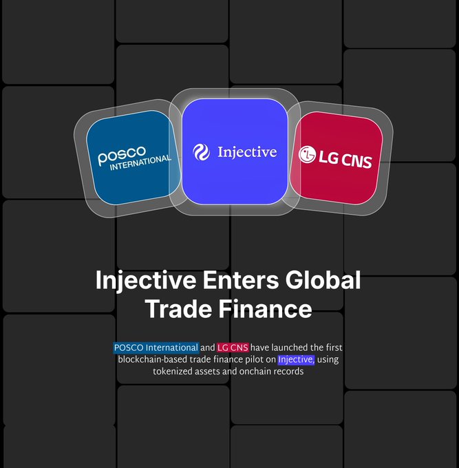 Promotional graphic with logos for POSCO International, Injective, and LG CNS, with the headline 'Injective Enters Global Trade Finance' announcing the first blockchain-based trade finance pilot using tokenized assets.