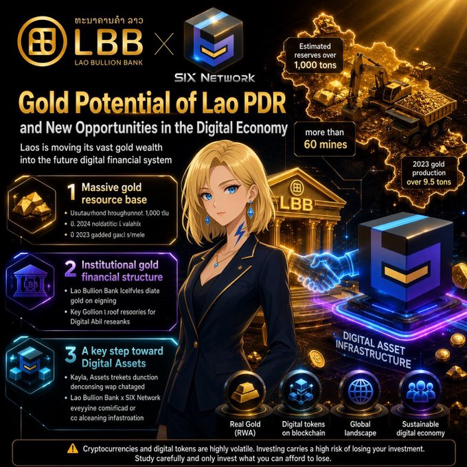 A promotional poster titled 'Gold Potential of Lao PDR' featuring a partnership between Lao Bullion Bank (LBB) and SIX Network, with an anime-style blonde character, information about gold reserves over 1,000 tons, and sections on digital asset infrastructure.