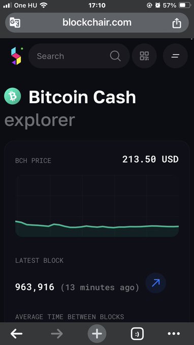 A screenshot of a Blockchair Bitcoin Cash explorer showing the BCH price at $213.50 USD and the latest block at 963,916 (13 minutes ago), illustrating the claim that Bcash already outperforms Bitcoin's longest chain with more blocks mined in a shorter timeframe.