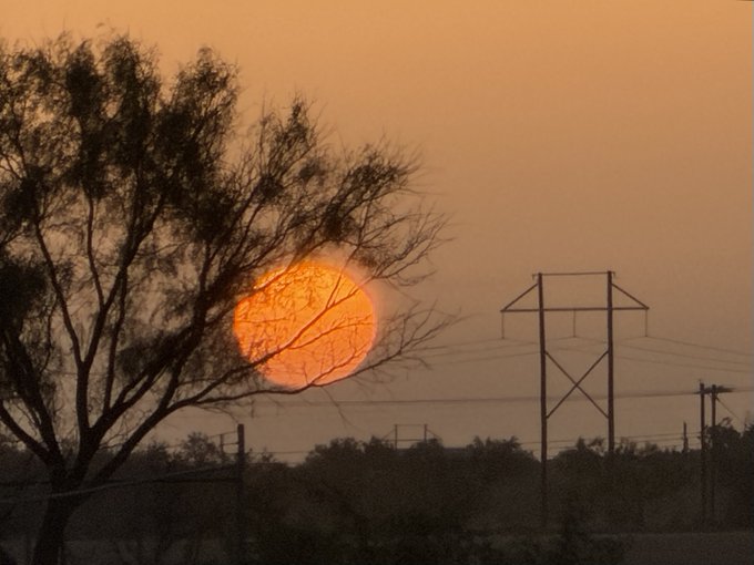 A large orange sun setting behind bare tree branches with electrical transmission towers silhouetted against an amber sky.