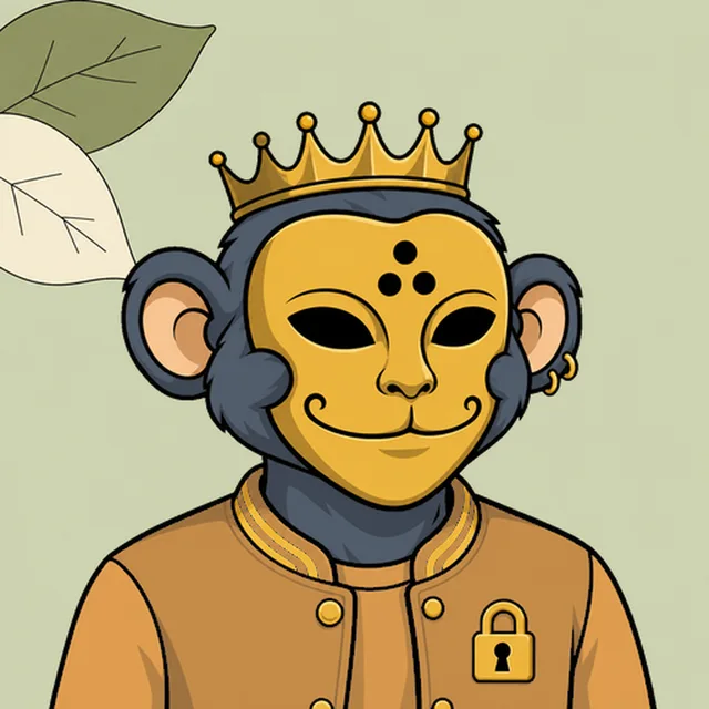 A cartoon illustration of a monkey wearing a golden mask, a crown, and a brown jacket featuring a lock icon.