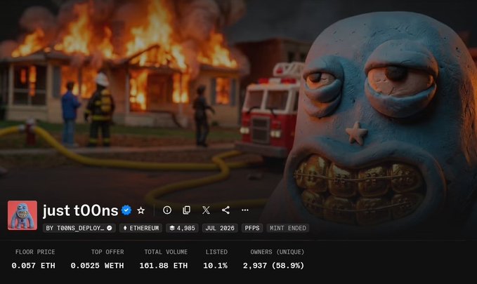 An NFT listing for 'just t00ns' collection showing a cartoon blue character with a fire in the background, priced at 0.057 ETH floor with 161.88 ETH total volume on Ethereum.