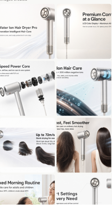 A product catalog page showcases a premium hair dryer with features like 'Water Ion Hair Dryer Pro,' 'Speed Power Core,' and 'Ion Hair Care,' priced around 72m/s drying speed.