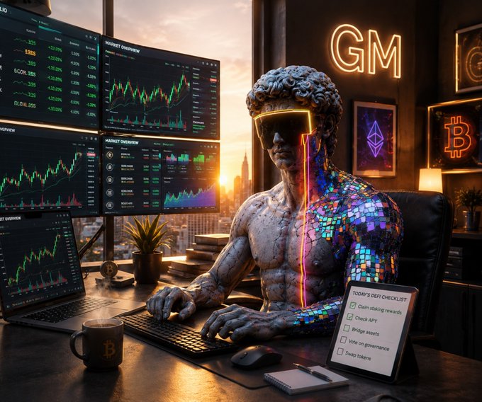 A digital artwork depicts a classical Greek statue with one half covered in colorful mosaic tiles, wearing sunglasses and working at multiple monitors displaying crypto charts, with neon "GM," Bitcoin, and Ethereum symbols on the wall.