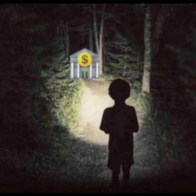 A dark, atmospheric illustration of a small silhouetted figure standing on a path looking toward a glowing building with a dollar sign on it.