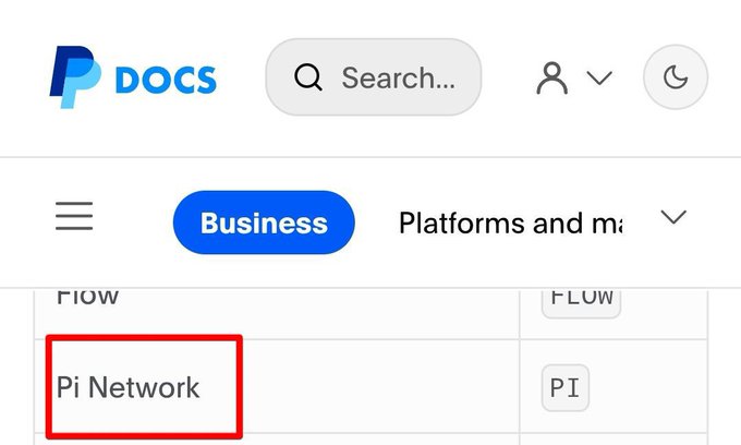 The image shows a PayPal Docs webpage screenshot highlighting Pi Network as a supported cryptocurrency, with its ticker "PI" displayed alongside, confirming Pi Network's inclusion in PayPal's "Pay with Crypto" solution as mentioned in the breaking news announcement.