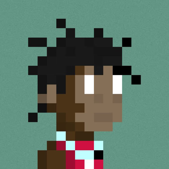 A pixel art illustration of a character with dark skin, black hair, and a red and white patterned outfit against a green background.