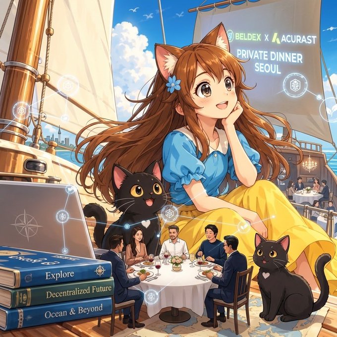 An anime-style illustration for a 'BELDEX X ACURAST PRIVATE DINNER SEOUL' event, depicting a large girl with fox ears and a blue dress sitting at a dinner table on a boat alongside people and black cats, with books labeled 'Explore', 'Decentralized Future', and 'Ocean & Beyond' in the foreground.