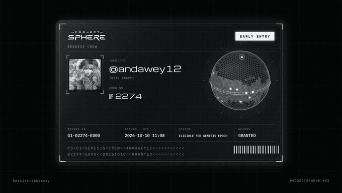 A digital card titled 'PROJECT SPHERE GENESIS CREW' featuring the username '@andawey12' (Tazik smerti) with crew number 2274. Status shows 'ELIGIBLE FOR GENESIS EPOCH' and access 'GRANTED', issued 2026-10-10 11:08.