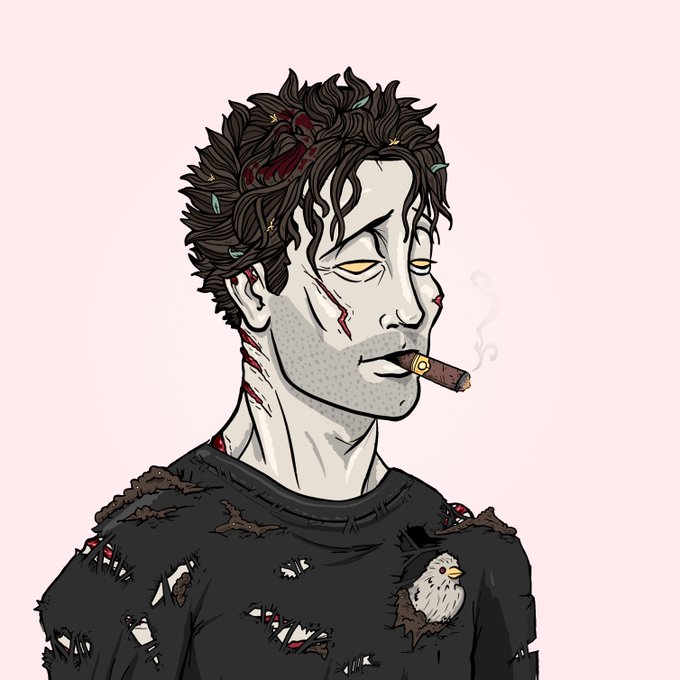 A digital illustration of a zombie-like man with messy brown hair, glowing yellow eyes, facial scars, a cigar in his mouth, and a tattered black shirt, set against a pink background.