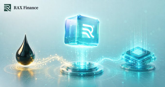 A promotional graphic for 'RAX Finance' featuring a stylized black droplet, a glowing cyan cube with the 'R' logo, and a digital chip design on a light blue background.